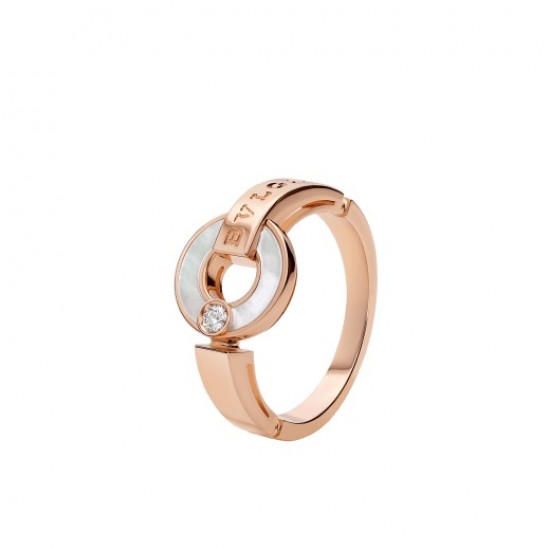 BVLGARI Openwork 18 kt rose gold ring with mother-of-pearl elements and a round brilliant-cut diamond