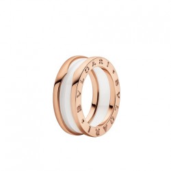 BVLGARI B.zero1 four-band ring with two 18 kt rose gold loops and a white ceramic spiral.