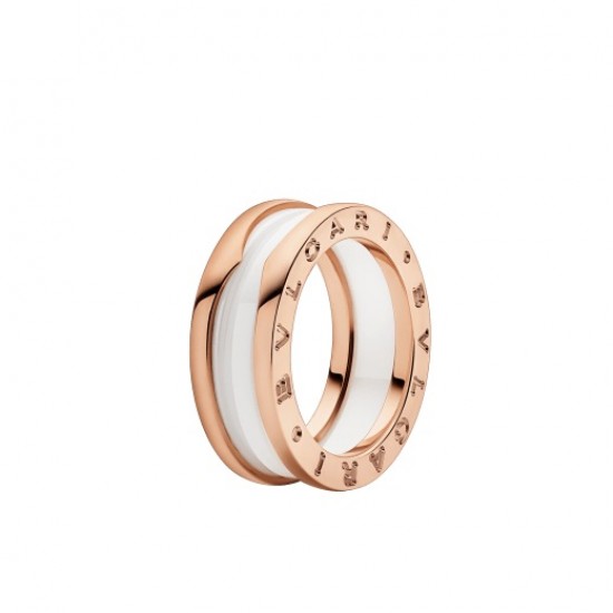 BVLGARI B.zero1 four-band ring with two 18 kt rose gold loops and a white ceramic spiral.