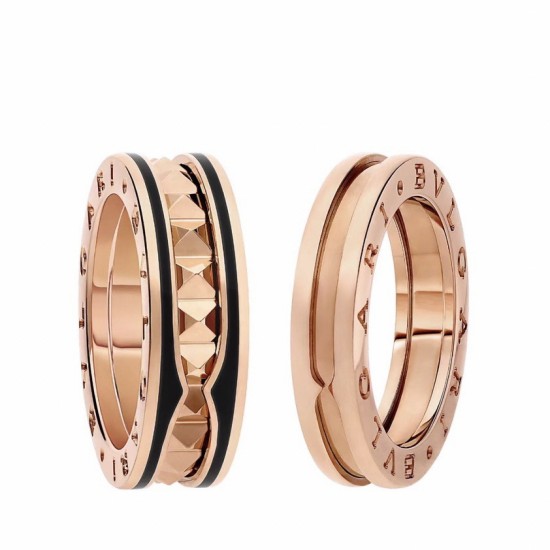 BVLGARI B.zero1 Rock two-band ring in 18 kt rose gold with studded spiral and black ceramic inserts on the edges