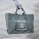 Chanel Canvas Calfskin Striped Medium Deauville Tote in Grey