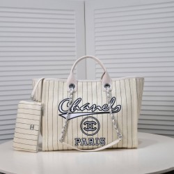 Chanel Canvas Calfskin Striped Medium Deauville Tote in White