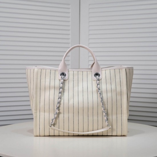 Chanel Canvas Calfskin Striped Medium Deauville Tote in White