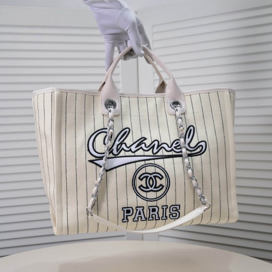 Chanel Canvas Calfskin Striped Medium Deauville Tote in White