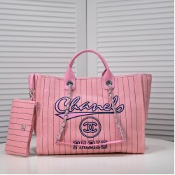 Chanel Canvas Calfskin Striped Medium Deauville Tote in Pink