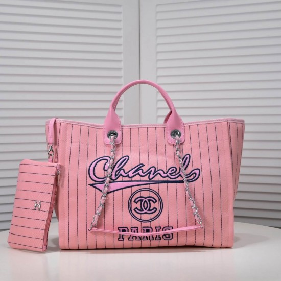 Chanel Canvas Calfskin Striped Medium Deauville Tote in Pink