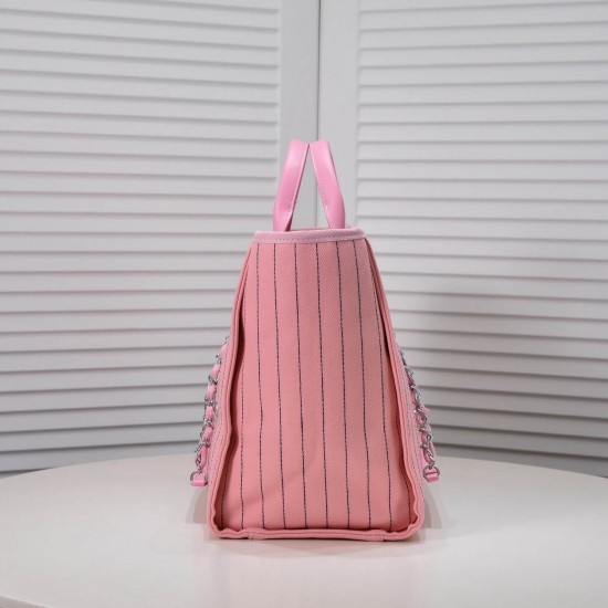 Chanel Canvas Calfskin Striped Medium Deauville Tote in Pink