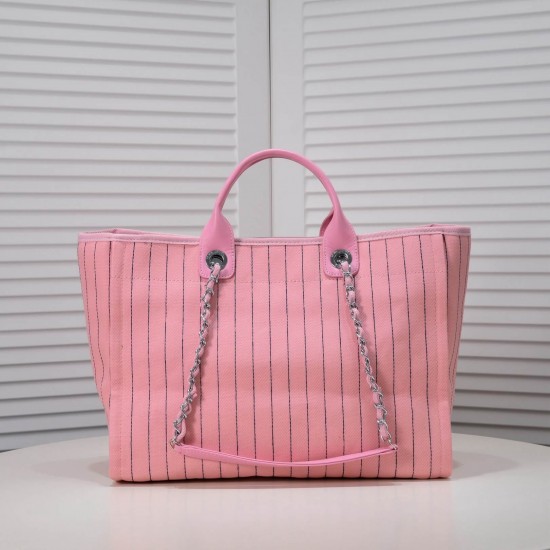 Chanel Canvas Calfskin Striped Medium Deauville Tote in Pink