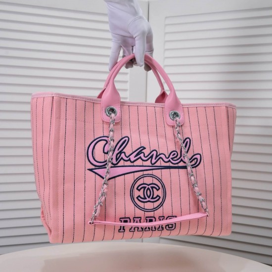 Chanel Canvas Calfskin Striped Medium Deauville Tote in Pink