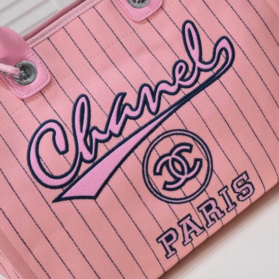 Chanel Canvas Calfskin Striped Medium Deauville Tote in Pink