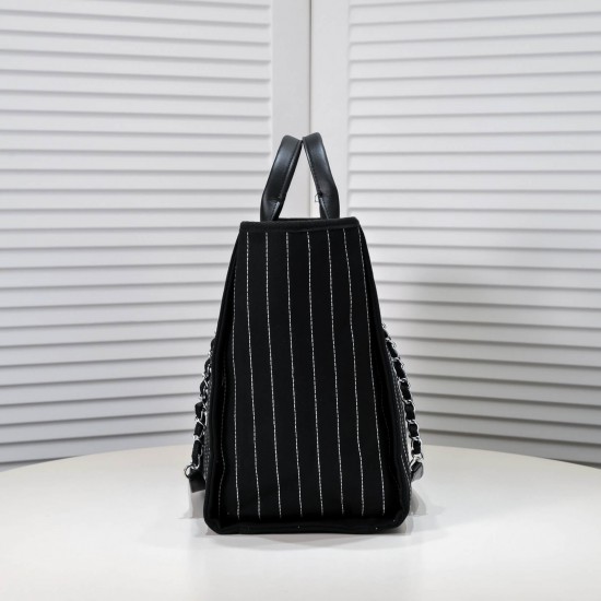 Chanel Canvas Calfskin Striped Medium Deauville Tote in Black