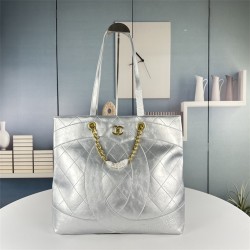 Chanel Club Monaco Shopping Tote Quilted Lambskin Large in Silver