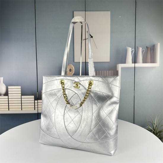 Chanel Club Monaco Shopping Tote Quilted Lambskin Large in Silver