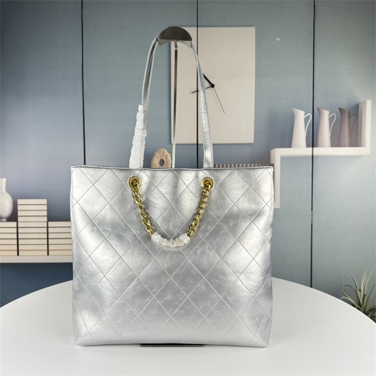 Chanel Club Monaco Shopping Tote Quilted Lambskin Large in Silver