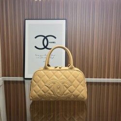 Chanel Matelasse Caviar Leather Bowling Handbag in Beige