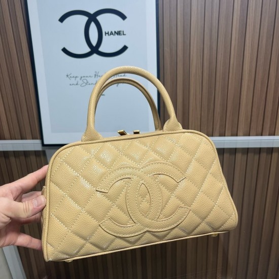 Chanel Matelasse Caviar Leather Bowling Handbag in Beige