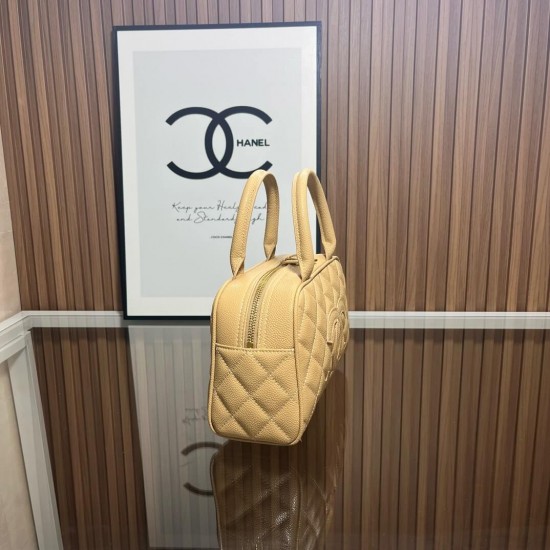 Chanel Matelasse Caviar Leather Bowling Handbag in Beige