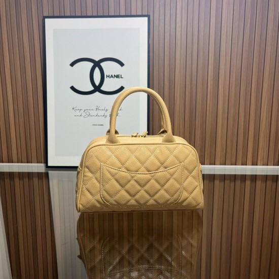 Chanel Matelasse Caviar Leather Bowling Handbag in Beige