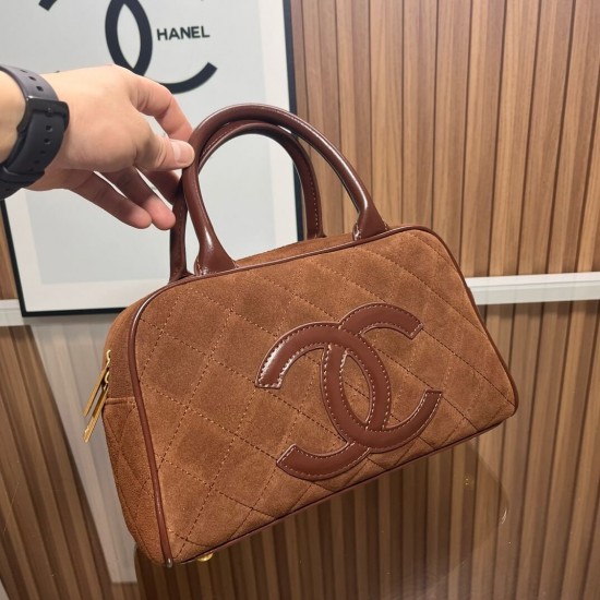 Chanel Matelasse Caviar Leather Bowling Handbag in Mocha