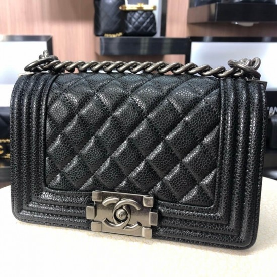 Chanel Boy Flap Mini in Quilted Caviar Lambskin - Black with Silver Hardware