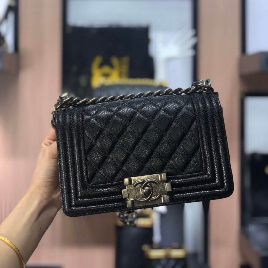 Chanel Boy Flap Mini in Quilted Caviar Lambskin - Black with Silver Hardware