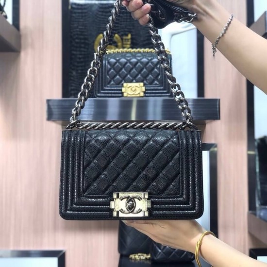 Chanel Boy Flap Mini in Quilted Caviar Lambskin - Black with Silver Hardware