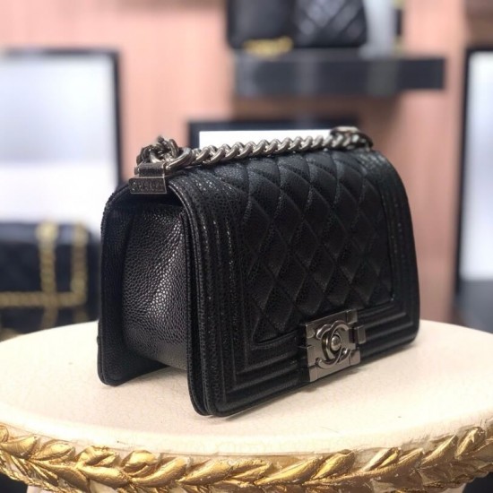 Chanel Boy Flap Mini in Quilted Caviar Lambskin - Black with Silver Hardware