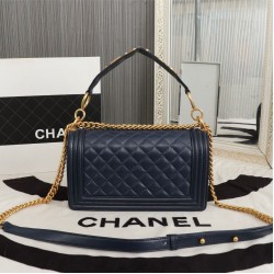 Chanel Boy Flap Medium in Quilted Lambskin - Navy Blue with Gold Hardware