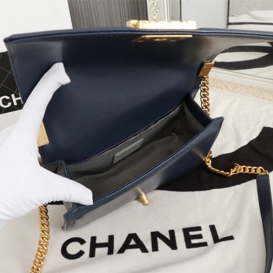 Chanel Boy Flap Medium in Quilted Lambskin - Navy Blue with Gold Hardware