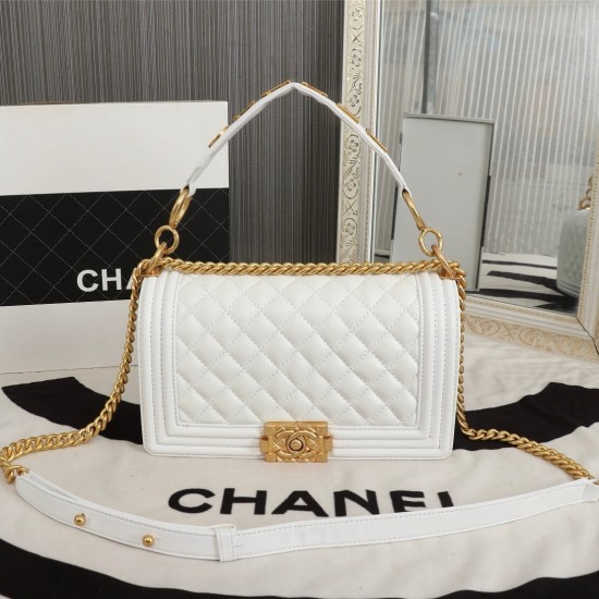 Chanel Boy Flap Medium in Quilted Lambskin - White with Gold Hardware