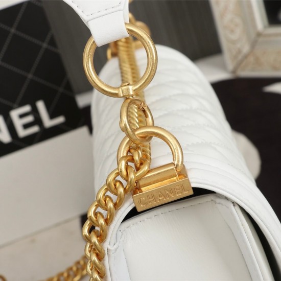 Chanel Boy Flap Medium in Quilted Lambskin - White with Gold Hardware