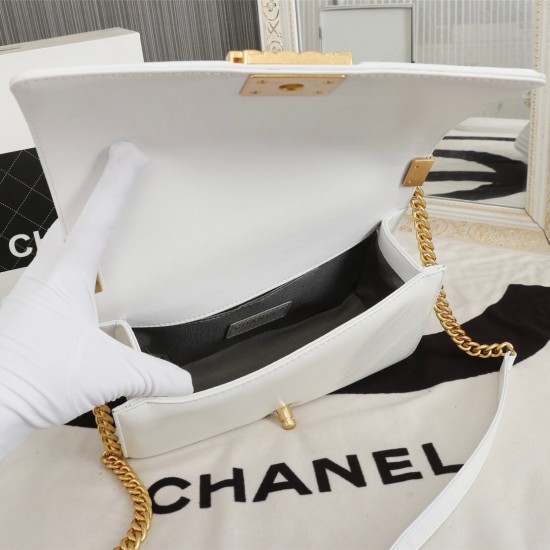 Chanel Boy Flap Medium in Quilted Lambskin - White with Gold Hardware