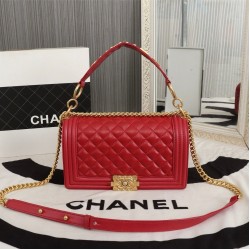 Chanel Boy Flap Medium in Quilted Lambskin - Red with Gold Hardware