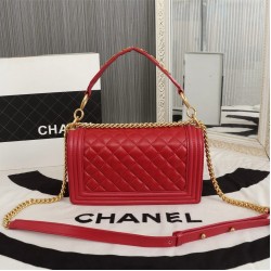 Chanel Boy Flap Medium in Quilted Lambskin - Red with Gold Hardware