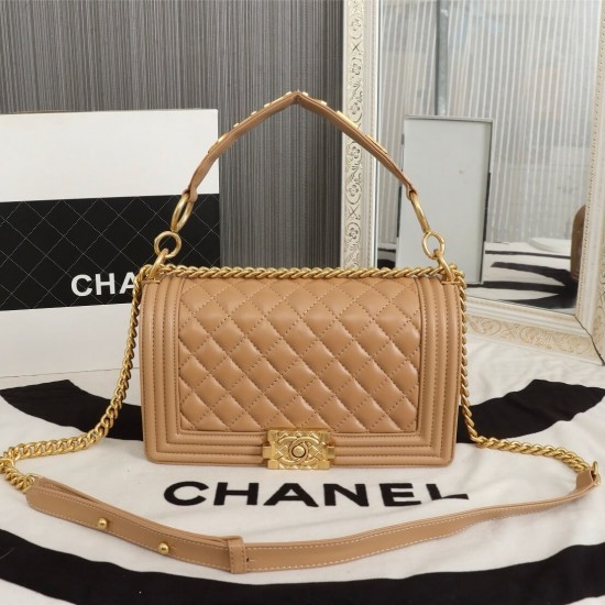 Chanel Boy Flap Medium in Quilted Lambskin - Beige with Gold Hardware