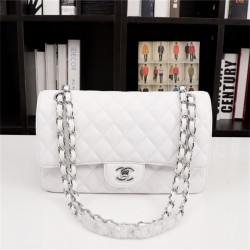 Chanel Classic Double Flap Quilted Caviar Medium Bag - White with Silver Hardware