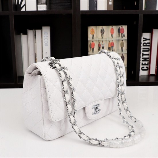 Chanel Classic Double Flap Quilted Caviar Medium Bag - White with Silver Hardware