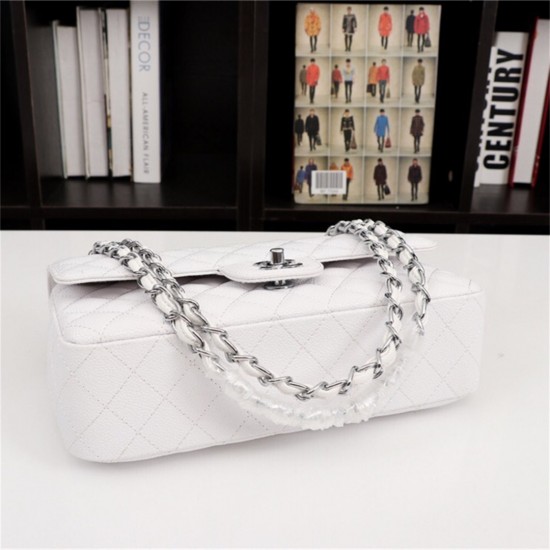 Chanel Classic Double Flap Quilted Caviar Medium Bag - White with Silver Hardware