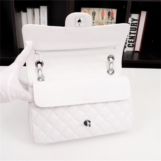 Chanel Classic Double Flap Quilted Caviar Medium Bag - White with Silver Hardware