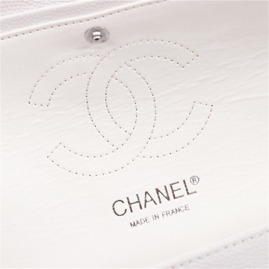 Chanel Classic Double Flap Quilted Caviar Medium Bag - White with Silver Hardware