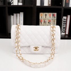 Chanel Classic Double Flap Quilted Caviar Medium Bag - White with Gold Hardware