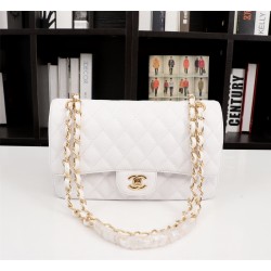 Chanel Classic Double Flap Quilted Caviar Medium Bag - White with Gold Hardware