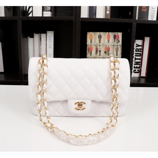 Chanel Classic Double Flap Quilted Caviar Medium Bag - White with Gold Hardware