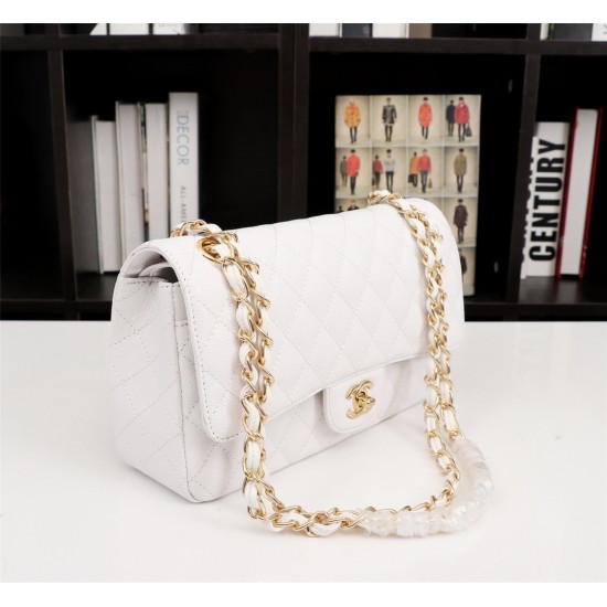 Chanel Classic Double Flap Quilted Caviar Medium Bag - White with Gold Hardware