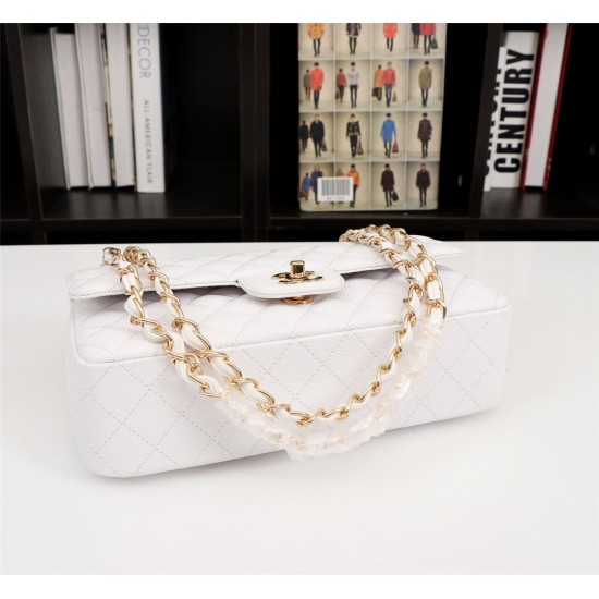 Chanel Classic Double Flap Quilted Caviar Medium Bag - White with Gold Hardware