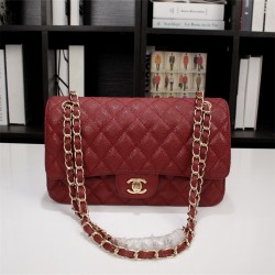 Chanel Classic Double Flap Quilted Caviar Medium Bag - Maroon with Gold Hardware