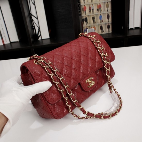 Chanel Classic Double Flap Quilted Caviar Medium Bag - Maroon with Gold Hardware