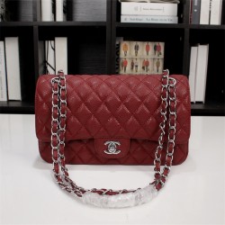 Chanel Classic Double Flap Quilted Caviar Medium Bag - Maroon with Silver Hardware