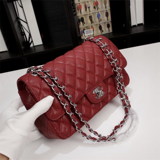 Chanel Classic Double Flap Quilted Caviar Medium Bag - Maroon with Silver Hardware