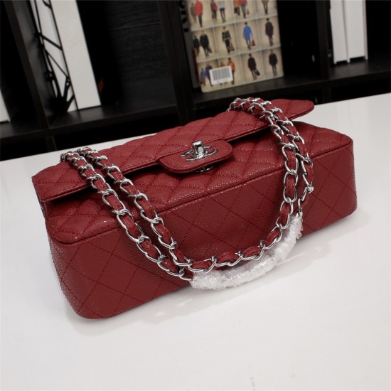 Chanel Classic Double Flap Quilted Caviar Medium Bag - Maroon with Silver Hardware